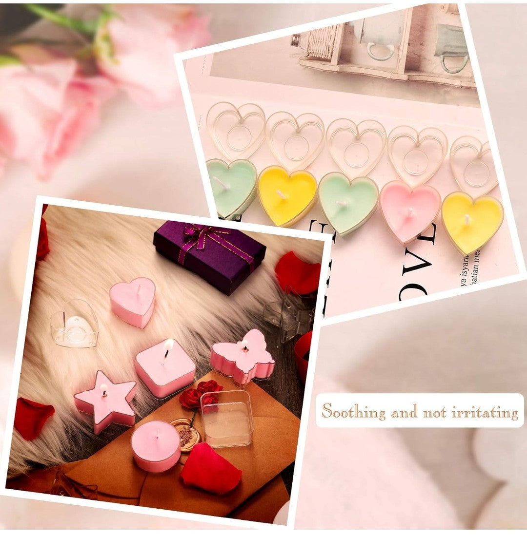 Plastic Clear Tea Light Cup Holders - Heat-Resistant Votive Containers in Heart, Square, Star, Round, Butterfly Shapes - Tealight Cups With 25 mm Wicks for DIY Making