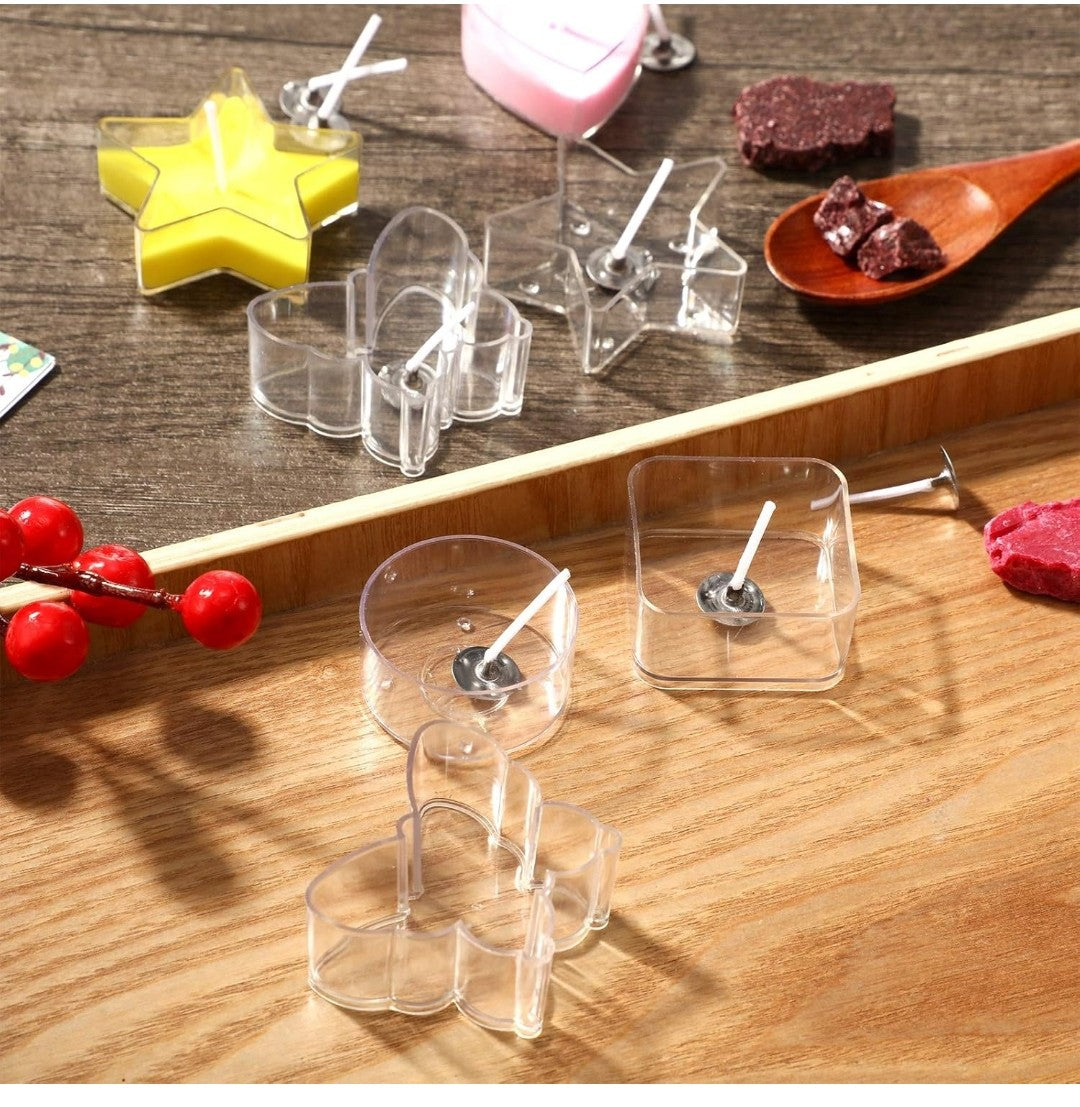 Plastic Clear Tea Light Cup Holders - Heat-Resistant Votive Containers in Heart, Square, Star, Round, Butterfly Shapes - Tealight Cups With 25 mm Wicks for DIY Making