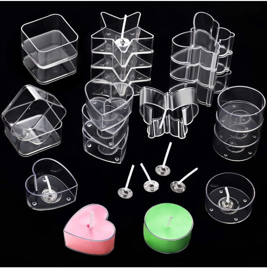 Plastic Clear Tea Light Cup Holders - Heat-Resistant Votive Containers in Heart, Square, Star, Round, Butterfly Shapes - Tealight Cups With 25 mm Wicks for DIY Making